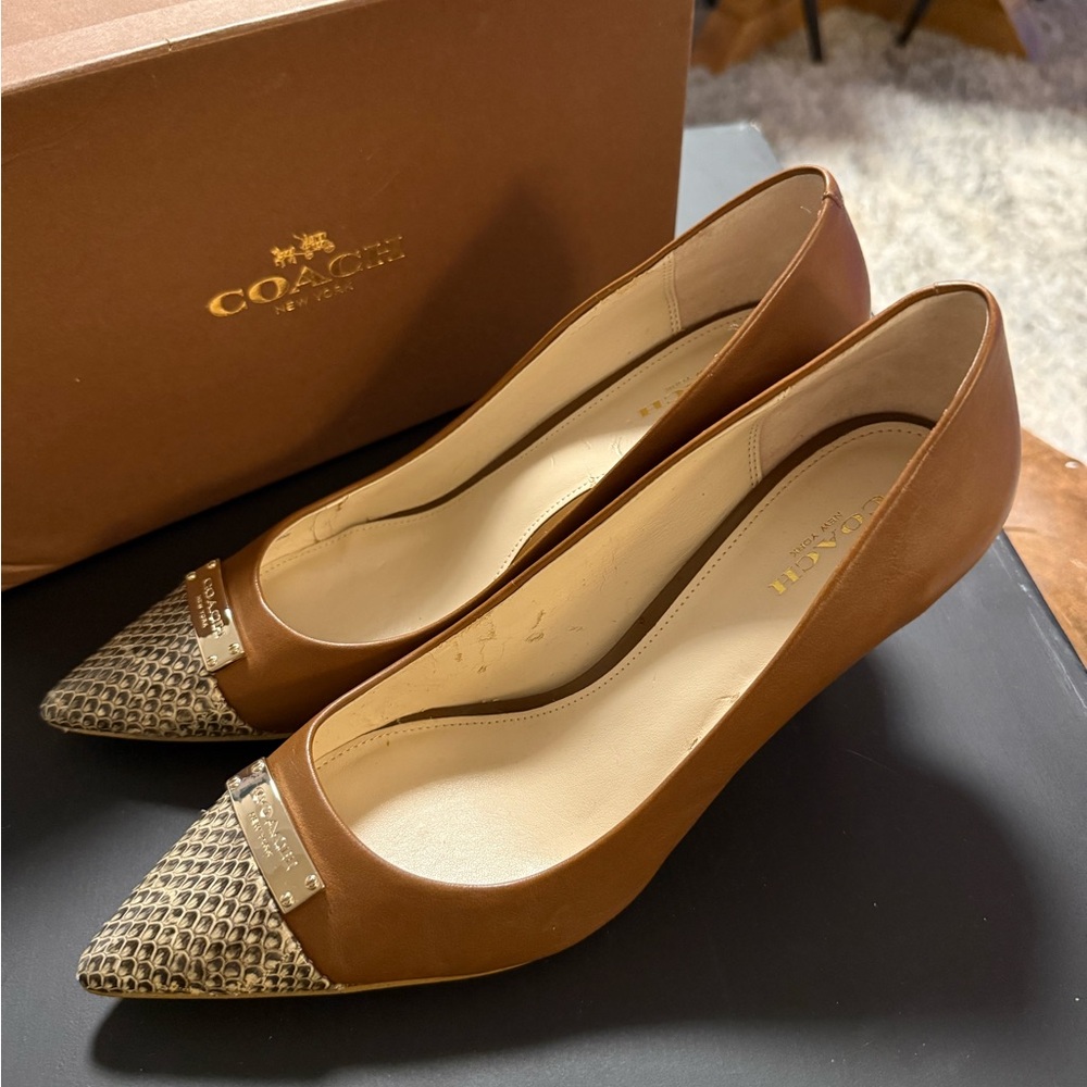 Coach Tan Heels with Snakeskin Toe, 8.5
